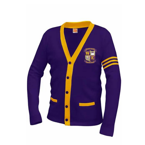 Warren Easton Gold and Purple Varsity Cardigan Sweater