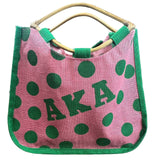 Greek Sorority Alpha Kappa Alpha Pola Dot Straw Tote AKA Picnic Bag Wood Handles