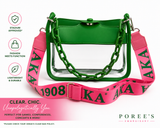 A green leather shoulder bag with a clear front panel and a bright pink chain strap printed with dark green 'AKA' lettering. The image includes feature icons on the left and a Poree's Embroidery brand logo at the bottom right.