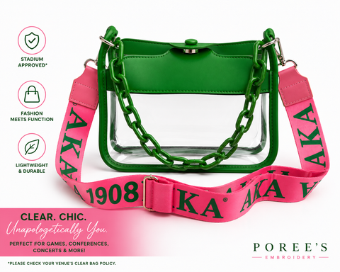 A green leather shoulder bag with a clear front panel and a bright pink chain strap printed with dark green 'AKA' lettering. The image includes feature icons on the left and a Poree's Embroidery brand logo at the bottom right.