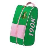 Alpha Kappa Alpha Green and pink shoe bag with a logo and '1908' text on a white background