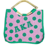 Greek Sorority Alpha Kappa Alpha Pola Dot Straw Tote AKA Picnic Bag Wood Handles