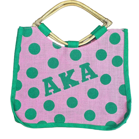 Greek Sorority Alpha Kappa Alpha Pola Dot Straw Tote AKA Picnic Bag Wood Handles