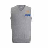 New Orleans Science and Math High School vest, SCI HIGH pullover vest, NOSMHS uniform vest, embroidered school sweater vest, black SCI HIGH vest, grey SCI HIGH vest, school spirit wear New Orleans, Science and Math High apparel, SCI HIGH clothing.