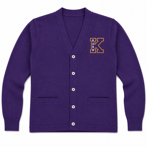 Edna Karr Cardigan Sweater – Grey & Purple | Crest or K Logo Embroidery