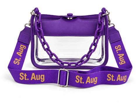 St. Augustine High School clear stadium bag with purple trim and St. Aug purple-and-gold strap