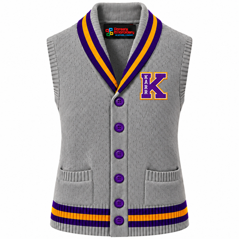 Edna Karr Embroidered School Sweater Vest | Grey, Purple & Gold