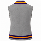 Edna Karr Embroidered School Sweater Vest | Grey, Purple & Gold