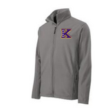 A gray soft shell jacket with a cadet collar, zippered pockets, and the letter 'K' emblem on the chest for Edna Karr Charter School By Poree’s Embroidery