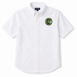 White short-sleeve Oxford school uniform shirt with embroidered Samuel J. Green Charter School logo on the left chest. Features a button-down collar, front pocket, and durable school uniform fabric, displayed on a clean white background.