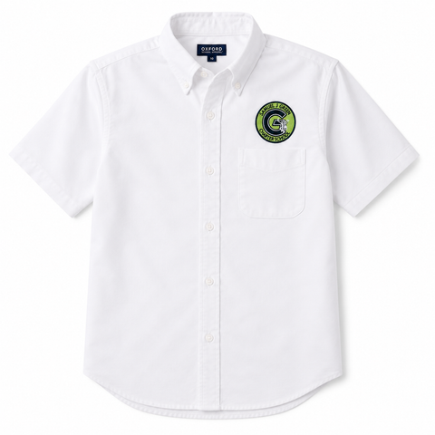 White short-sleeve Oxford school uniform shirt with embroidered Samuel J. Green Charter School logo on the left chest. Features a button-down collar, front pocket, and durable school uniform fabric, displayed on a clean white background.