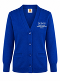 DUPON royal blue cardigan sweater with white embroidered left chest logo