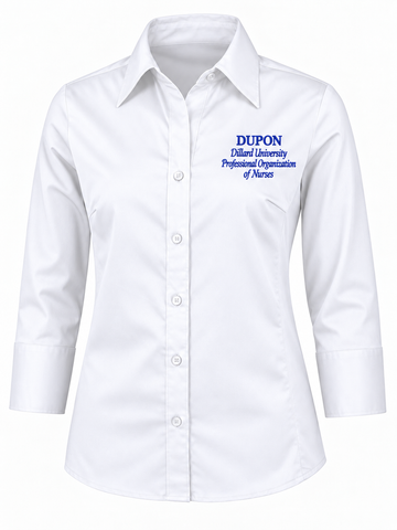 DUPON white women's button-down shirt with royal blue embroidered left chest logo
