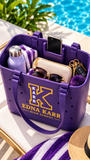 Edna Karr purple spirit tote with everyday essentials and cellphone holder