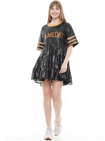 Gameday Jersey Stye Sequin BabyDoll Dress Medium / Black/Gold Gameday Jersey Stye Sequin BabyDoll Dress Medium / Black/Gold