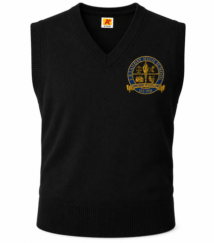 L.B. Landry High School black sleeveless school uniform vest with embroidered royal blue and gold school seal