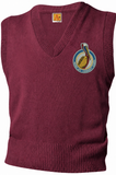 Morris Jeff Community School maroon V-neck uniform vest with embroidered pelican crest on left chest