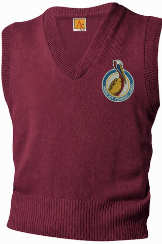 Morris Jeff Community School maroon V-neck uniform vest with embroidered pelican crest on left chest