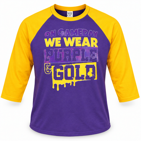 Purple and gold youth raglan shirt with On Gameday We Wear Purple & Gold design