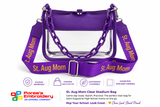 St. Augustine High School clear stadium bag with purple trim and St. Aug Mom purple-and-gold strap