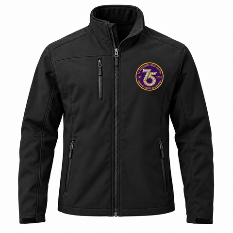 Black St. Augustine 75th Diamond Jubilee soft shell jacket with circular purple and gold left-chest emblem
