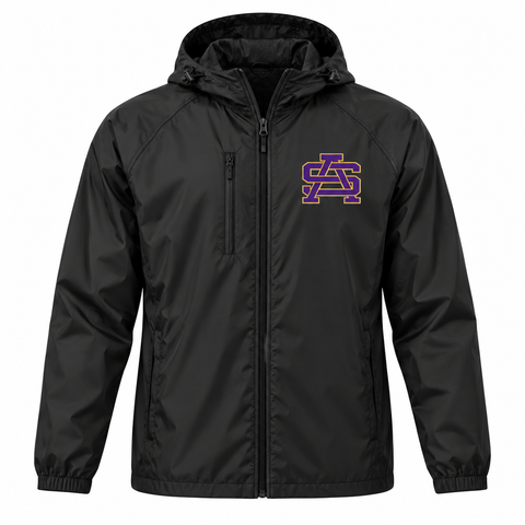 St. Augustine interlocking SA black all-weather jacket, BAW JP001; front-view mockup