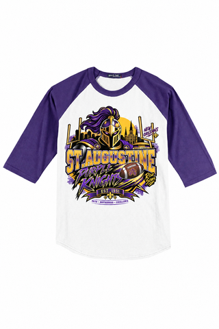St. Augustine Purple Knights adult baseball raglan T-shirt with purple sleeves and full-color front graphic