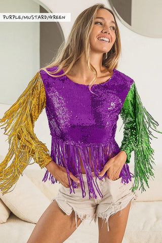 Mardi Gras Sequin Fringe Crop Top - By Poree's Embroidery