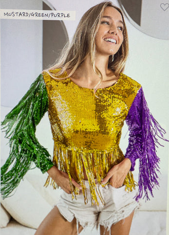 Mardi Gras Sequin Fringe Crop Top Medium / PURPLE/MUSTARD/GREEN