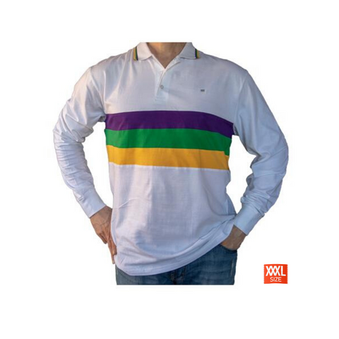 Mardi Gras Long Sleeve Polo Shirt (Woven Stripes) - Poree's Embroidery