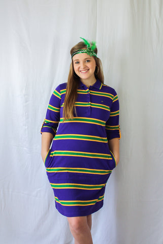 Mardi Gras Thin Striped Purple Polo Shirt Dress Large Mardi Gras Thin Striped Purple Polo Shirt Dress Large
