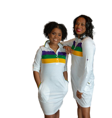 Mardi Gras Woven Striped Polo Shirt Dress - Poree's Embroidery Mardi Gras Woven Striped Polo Shirt Dress - Poree's Embroidery