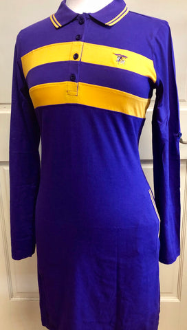 Fanwear: Ladies Purple and Gold Chest Stripe Long Sleeve Polo Dress - Poree's Embroidery