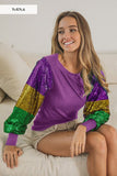 Mardi Gras Color Block Sequins Sleeve Knit Tops (3 Colors Available) - By Poree's Embroidery