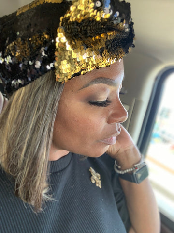 Black and Gold Sequin Headband - Poree's Embroidery