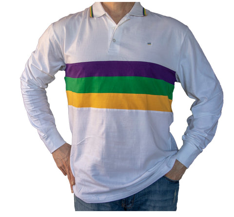 Mardi Gras Long Sleeve Polo Shirt (Woven Stripes) - Poree's Embroidery