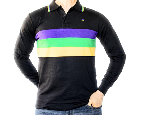 Mardi Gras Kids Black Long Sleeve Polo Shirt (Chest Stripes) - Poree's Embroidery